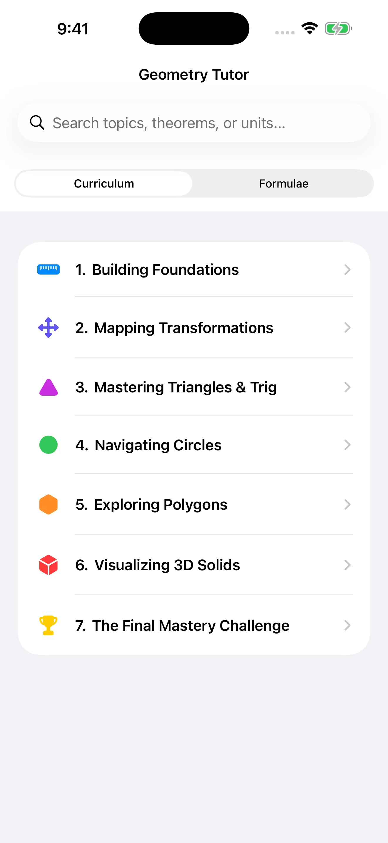 Geometry Tutor unit menu