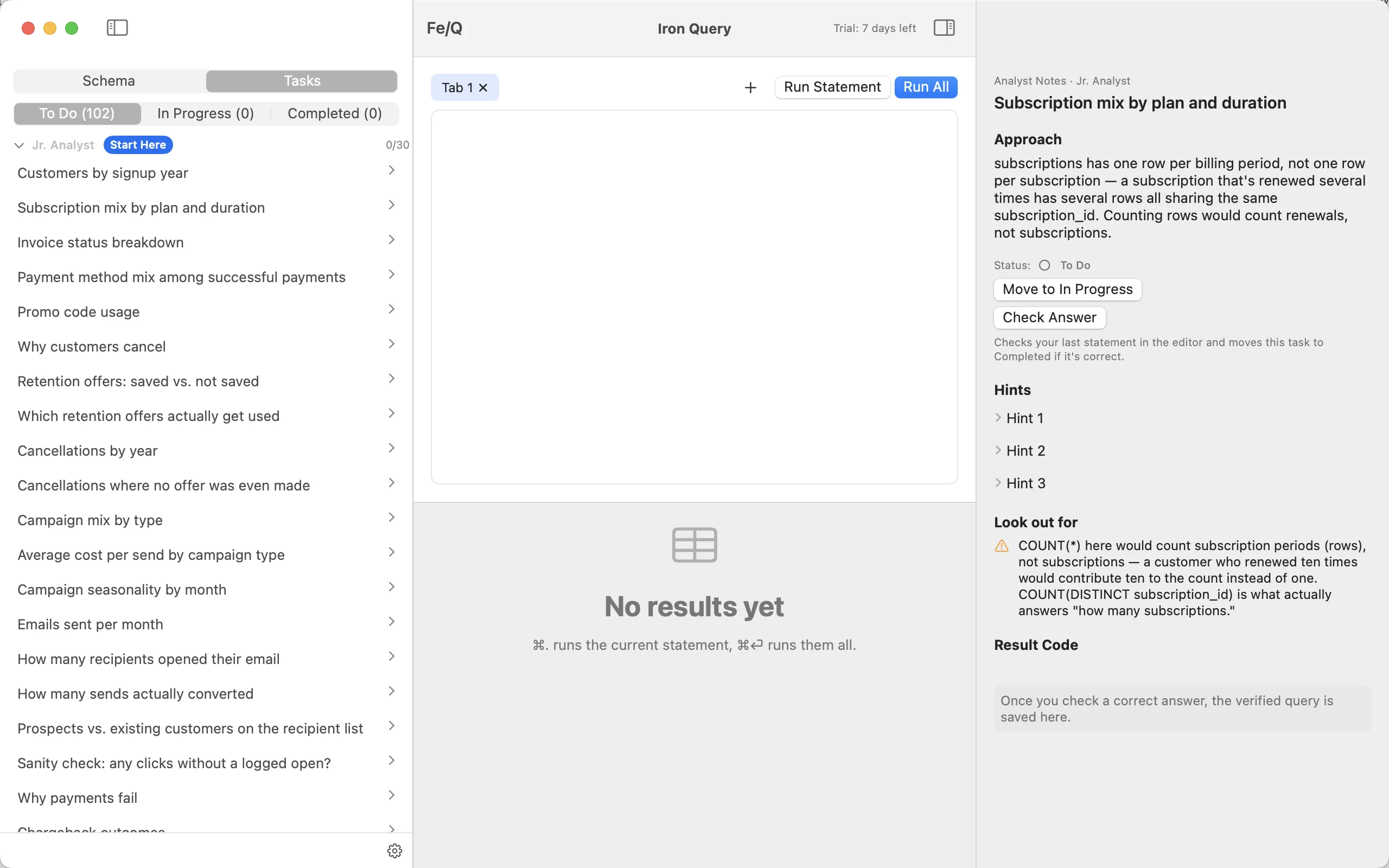 Iron Query curriculum and task detail