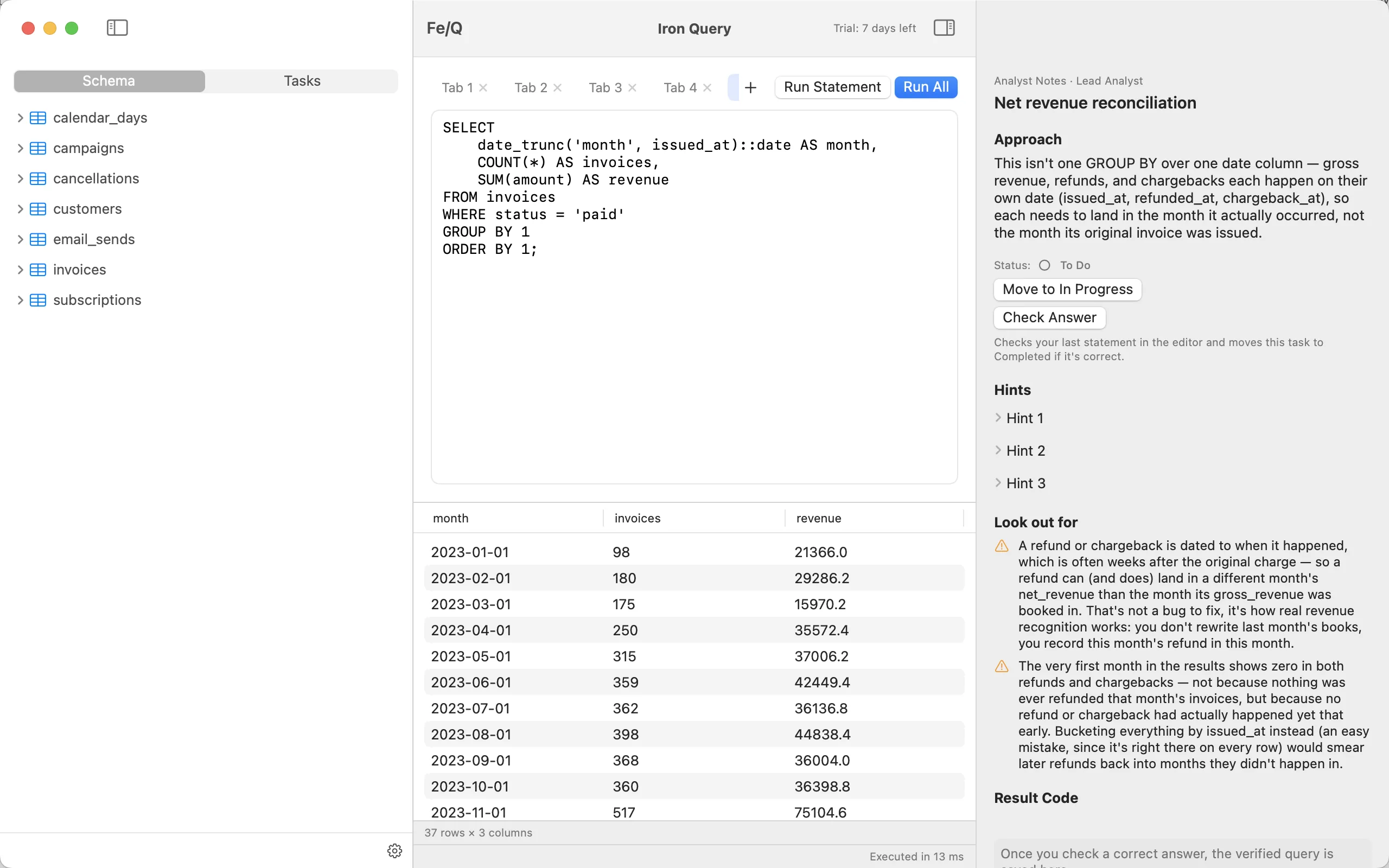 Iron Query showing a monthly revenue query and results