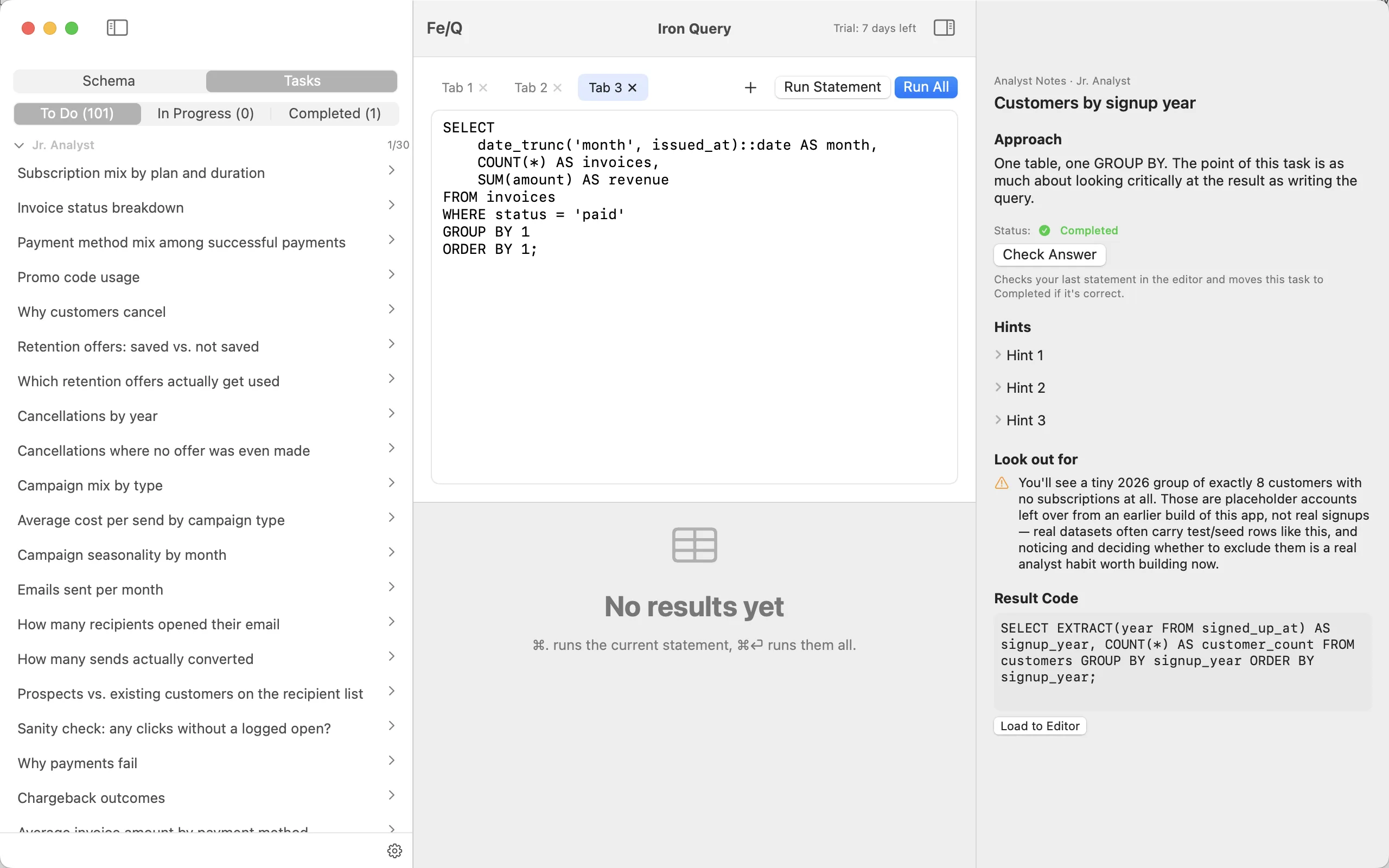 Iron Query completed task with result code
