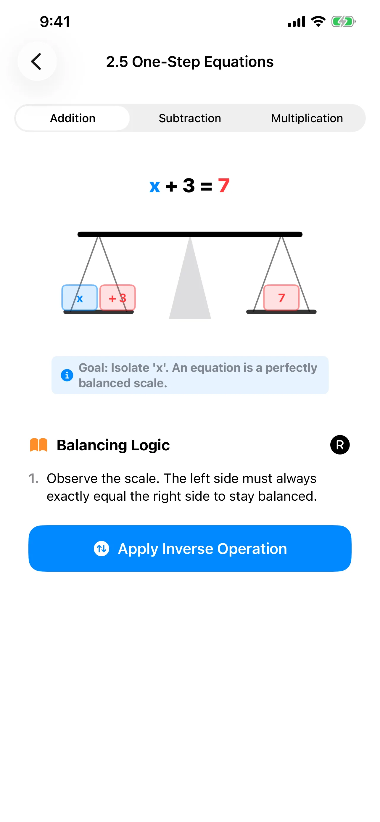 Pre-Algebra Tutor one-step equations lesson